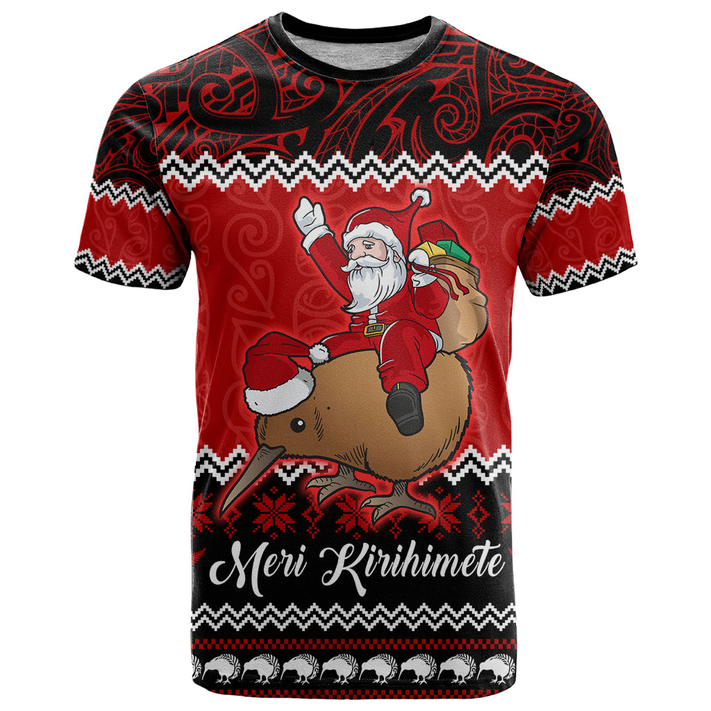 Personalised New Zealand Christmas T Shirt Kiwi Santa Claus Maori Meri Kirihimete LT9 Red - Polynesian Pride
