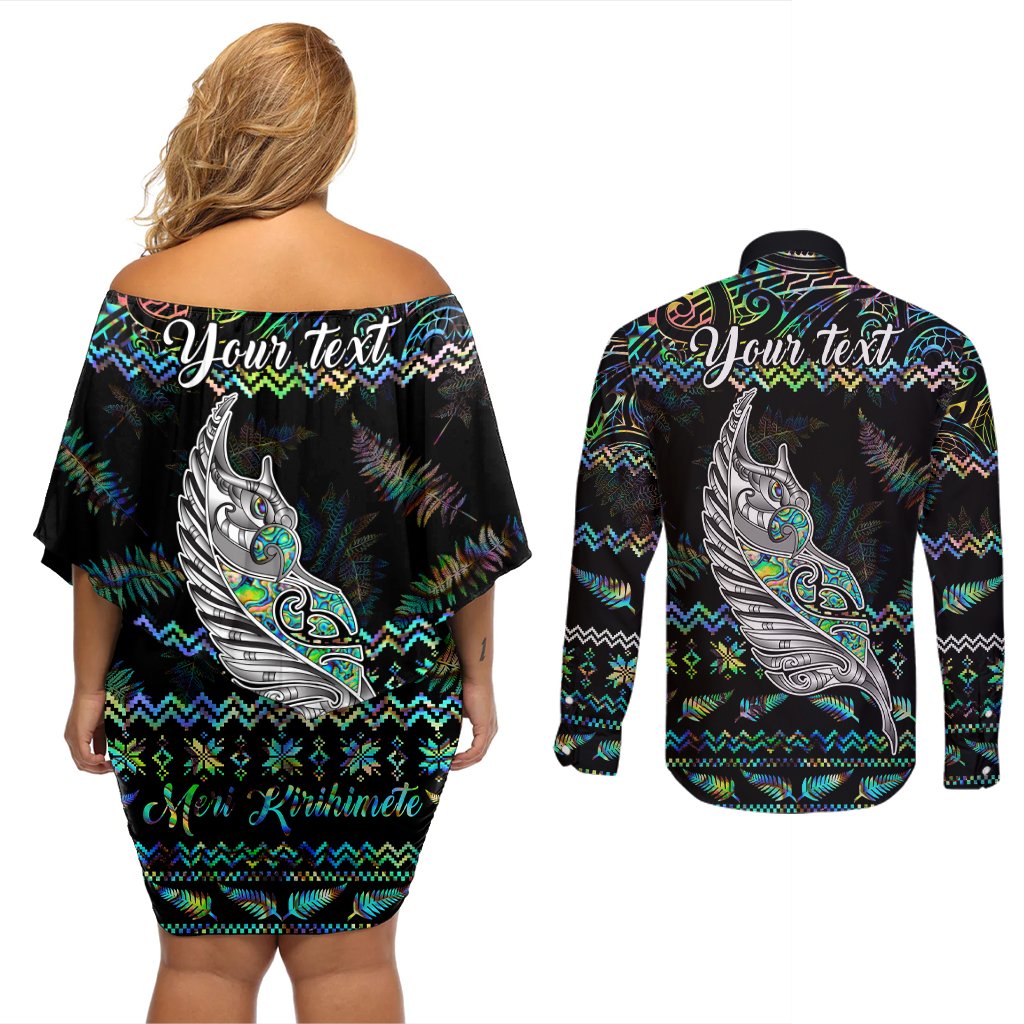Personalised New Zealand Christmas Couples Matching Off Shoulder Short Dress and Long Sleeve Button Shirt Maori Fern Manaia Meri Kirihimete with Papaua Shell LT9 - Polynesian Pride