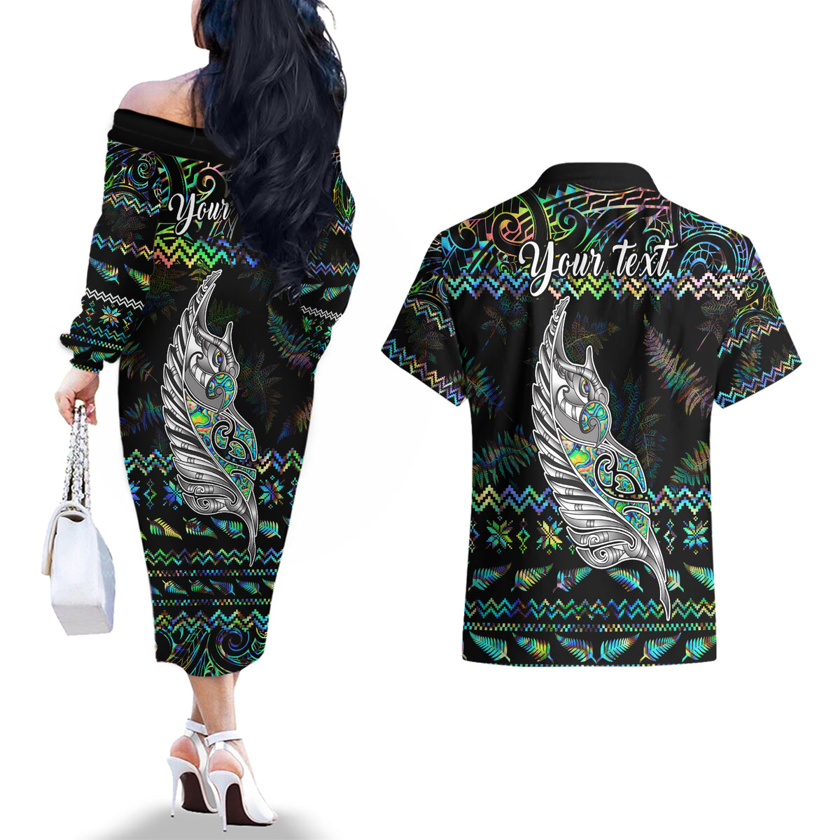 Personalised New Zealand Christmas Couples Matching Off The Shoulder Long Sleeve Dress and Hawaiian Shirt Maori Fern Manaia Meri Kirihimete with Papaua Shell LT9 - Polynesian Pride