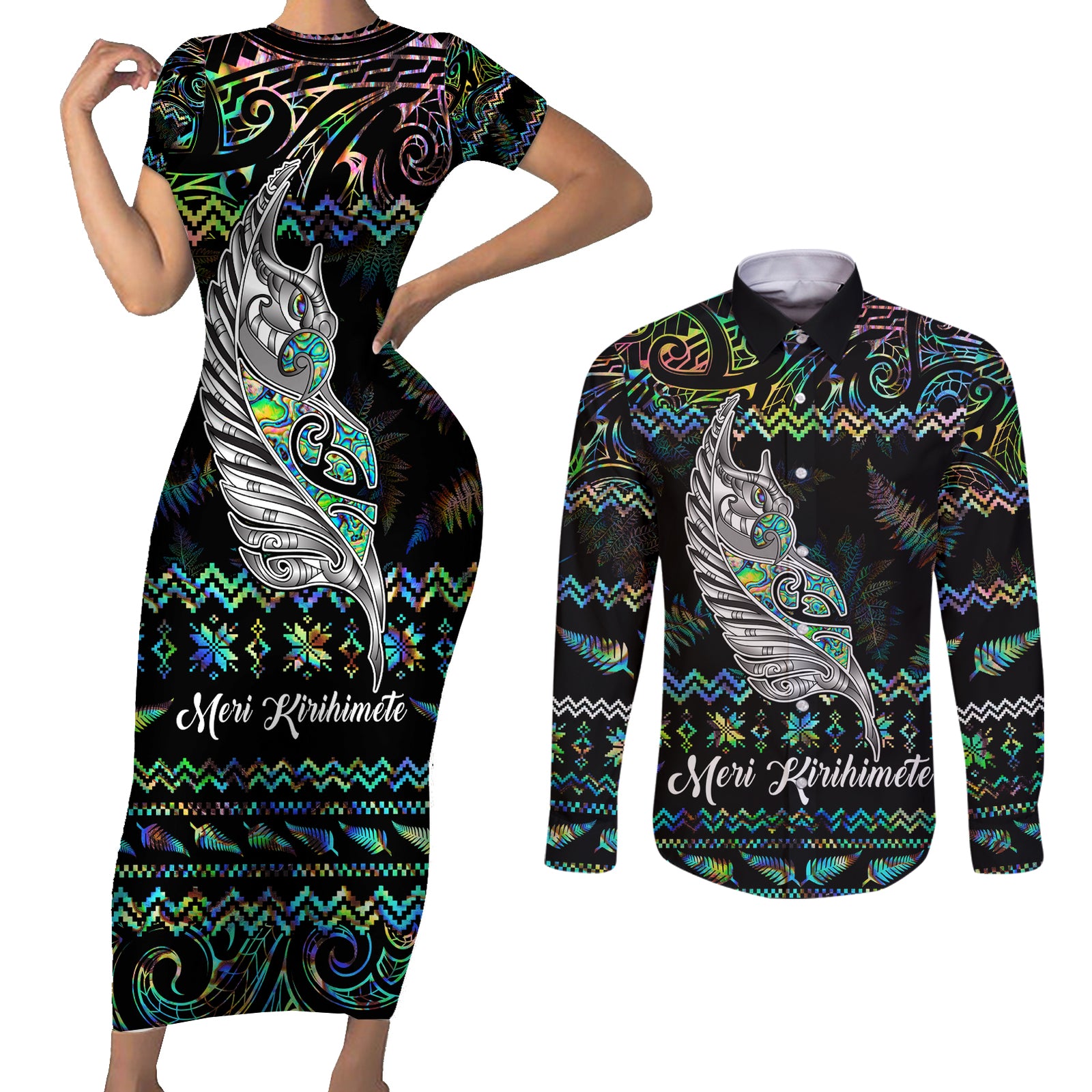 Personalised New Zealand Christmas Couples Matching Short Sleeve Bodycon Dress and Long Sleeve Button Shirt Maori Fern Manaia Meri Kirihimete with Papaua Shell LT9 Black - Polynesian Pride
