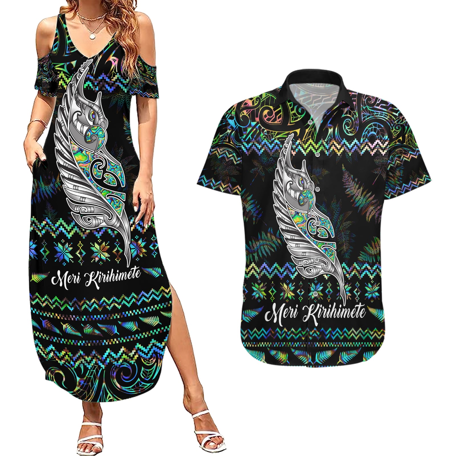 Personalised New Zealand Christmas Couples Matching Summer Maxi Dress and Hawaiian Shirt Maori Fern Manaia Meri Kirihimete with Papaua Shell LT9 Black - Polynesian Pride