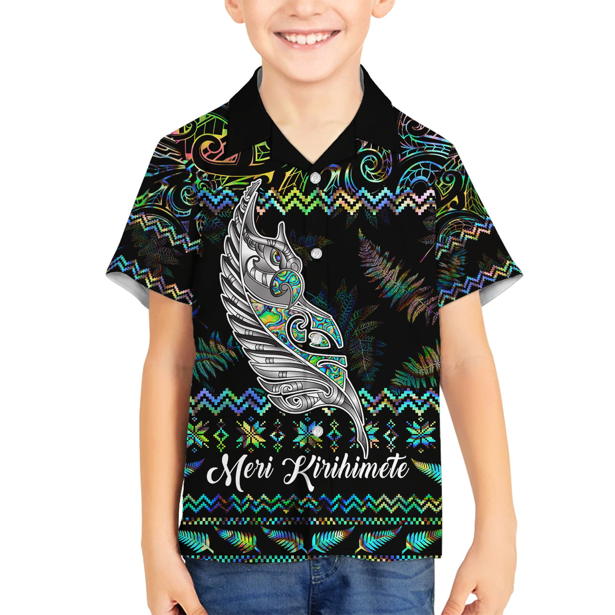 Personalised New Zealand Christmas Family Matching Off Shoulder Long Sleeve Dress and Hawaiian Shirt Maori Fern Manaia Meri Kirihimete with Papaua Shell LT9 Son's Shirt Black - Polynesian Pride