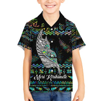 Personalised New Zealand Christmas Family Matching Off Shoulder Short Dress and Hawaiian Shirt Maori Fern Manaia Meri Kirihimete with Papaua Shell LT9 Son's Shirt Black - Polynesian Pride