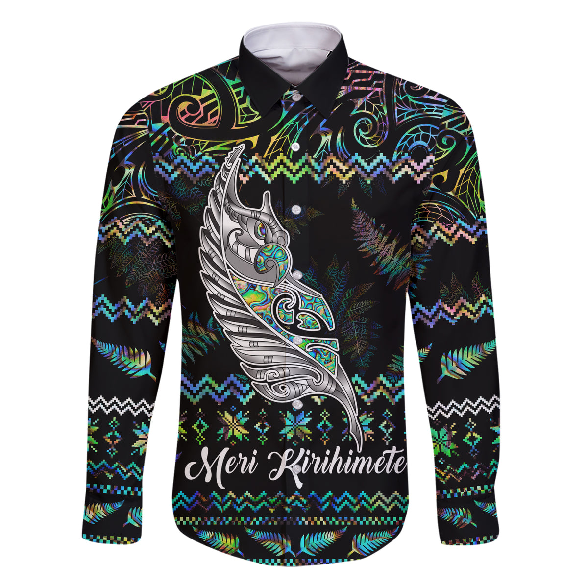 Personalised New Zealand Christmas Family Matching Short Sleeve Bodycon Dress and Hawaiian Shirt Maori Fern Manaia Meri Kirihimete with Papaua Shell LT9 Dad's Shirt - Long Sleeve Black - Polynesian Pride