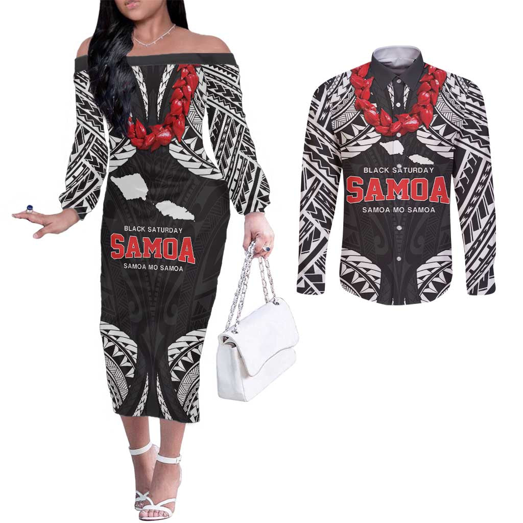 Samoa Black Saturday Couples Matching Off The Shoulder Long Sleeve Dress and Long Sleeve Button Shirt Samoa mo Samoa with Black Ula Fala