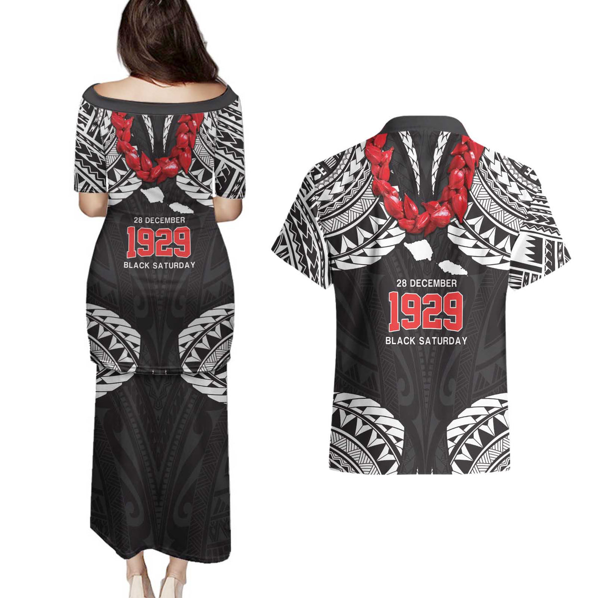 Samoa Black Saturday Couples Matching Puletasi and Hawaiian Shirt Samoa mo Samoa with Black Ula Fala
