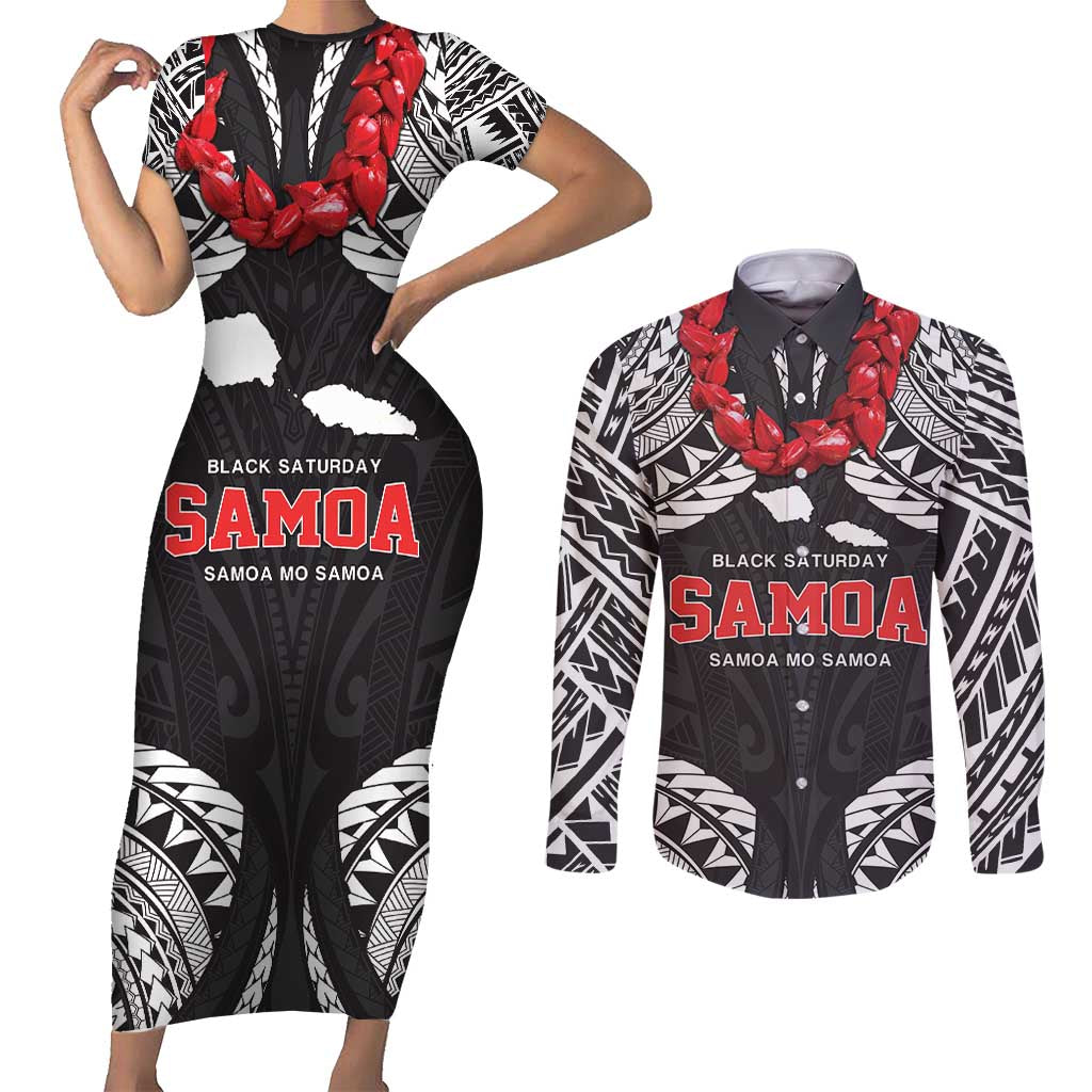 Samoa Black Saturday Couples Matching Short Sleeve Bodycon Dress and Long Sleeve Button Shirt Samoa mo Samoa with Black Ula Fala