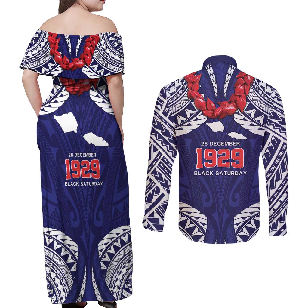 Samoa Black Saturday Couples Matching Off Shoulder Maxi Dress and Long Sleeve Button Shirt Samoa mo Samoa with Blue Ula Fala