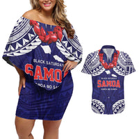 Samoa Black Saturday Couples Matching Off Shoulder Short Dress and Hawaiian Shirt Samoa mo Samoa with Blue Ula Fala