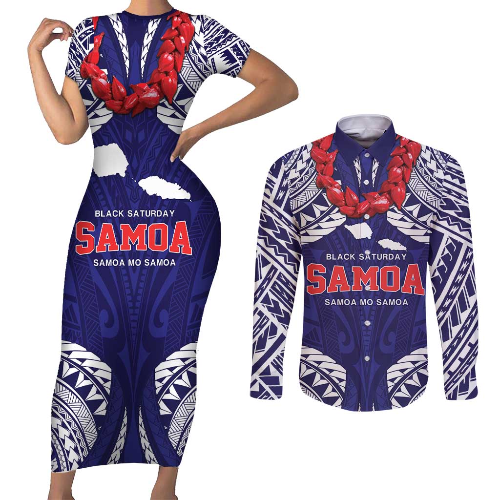 Samoa Black Saturday Couples Matching Short Sleeve Bodycon Dress and Long Sleeve Button Shirt Samoa mo Samoa with Blue Ula Fala