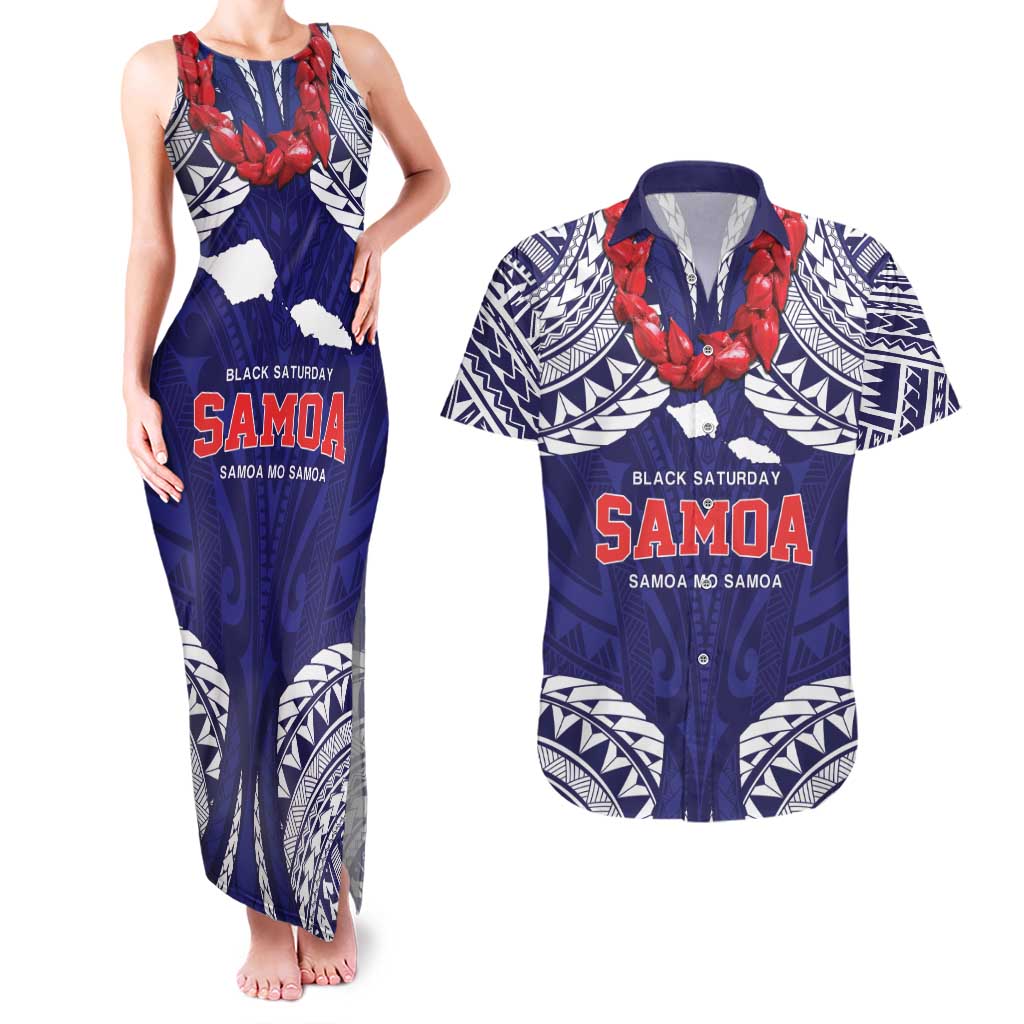 Samoa Black Saturday Couples Matching Tank Maxi Dress and Hawaiian Shirt Samoa mo Samoa with Blue Ula Fala