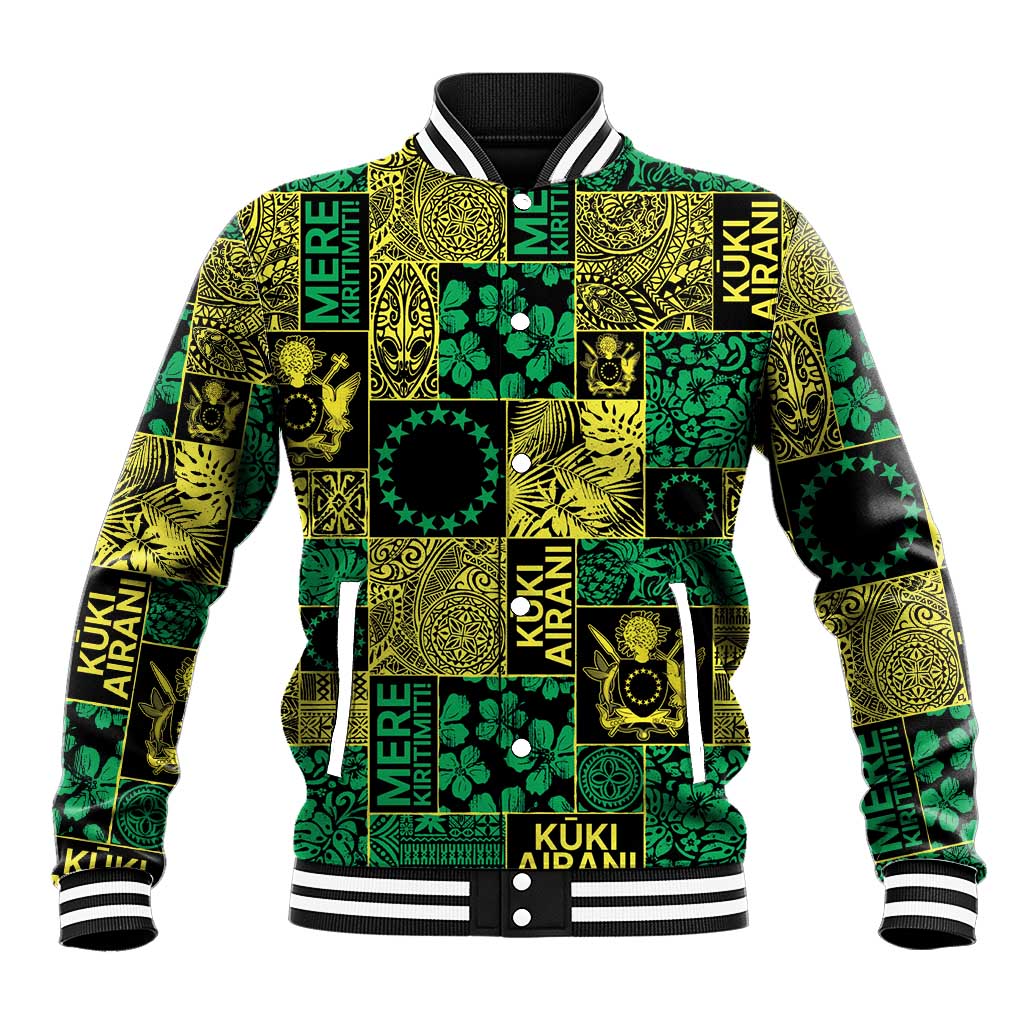 Cook Islands Mere Kiritimiti Baseball Jacket Pacific Patchwork Xmas Vibes LT9 Unisex Green - Polynesian Pride