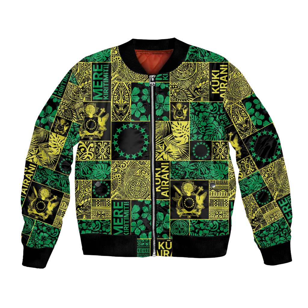 Cook Islands Mere Kiritimiti Bomber Jacket Pacific Patchwork Xmas Vibes LT9 Unisex Green - Polynesian Pride