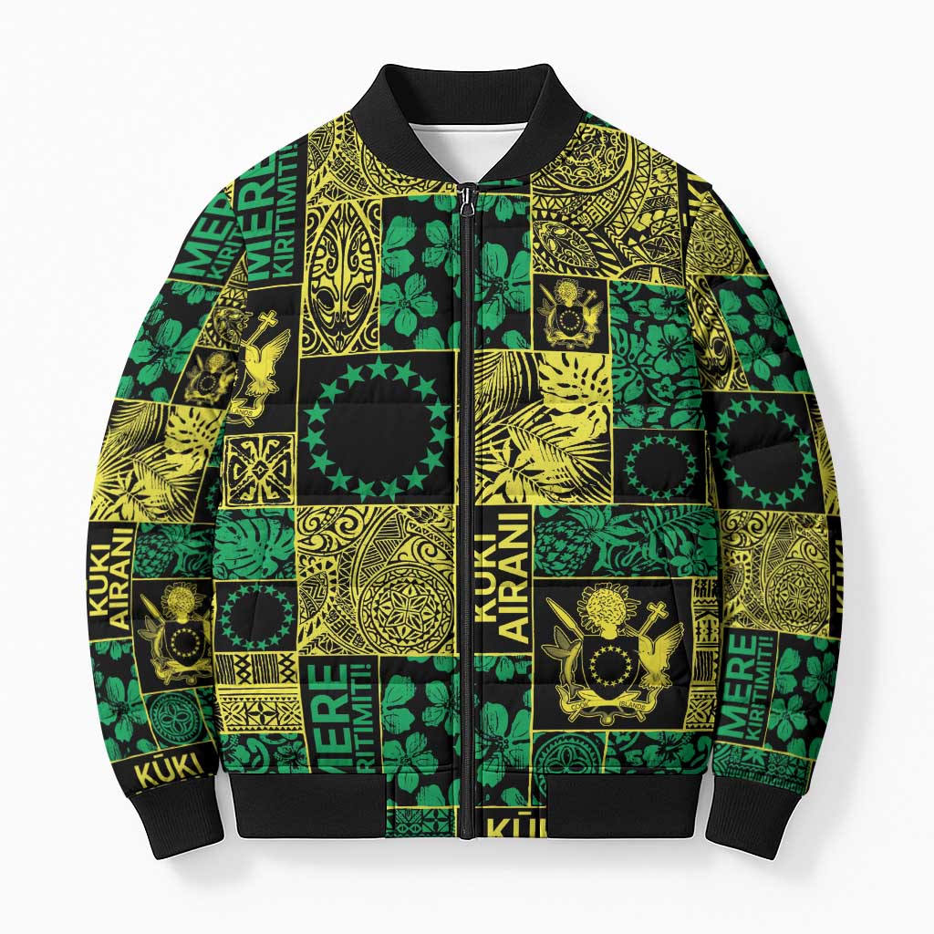 Cook Islands Mere Kiritimiti Bomber Puffer Jacket Pacific Patchwork Xmas Vibes LT9 Unisex Green - Polynesian Pride