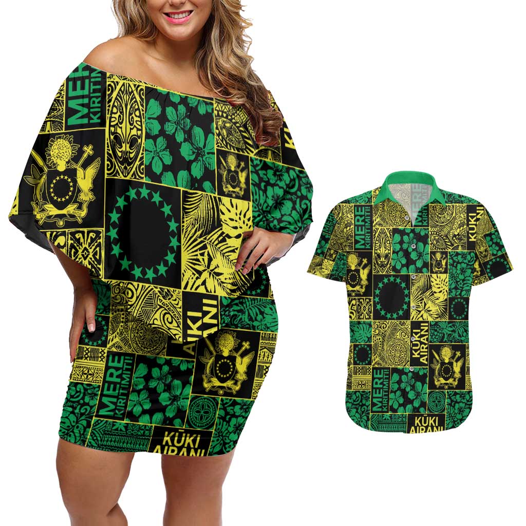 Cook Islands Mere Kiritimiti Couples Matching Off Shoulder Short Dress and Hawaiian Shirt Pacific Patchwork Xmas Vibes - Polynesian Pride