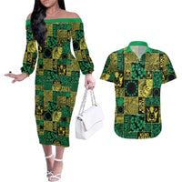 Cook Islands Mere Kiritimiti Couples Matching Off The Shoulder Long Sleeve Dress and Hawaiian Shirt Pacific Patchwork Xmas Vibes - Polynesian Pride