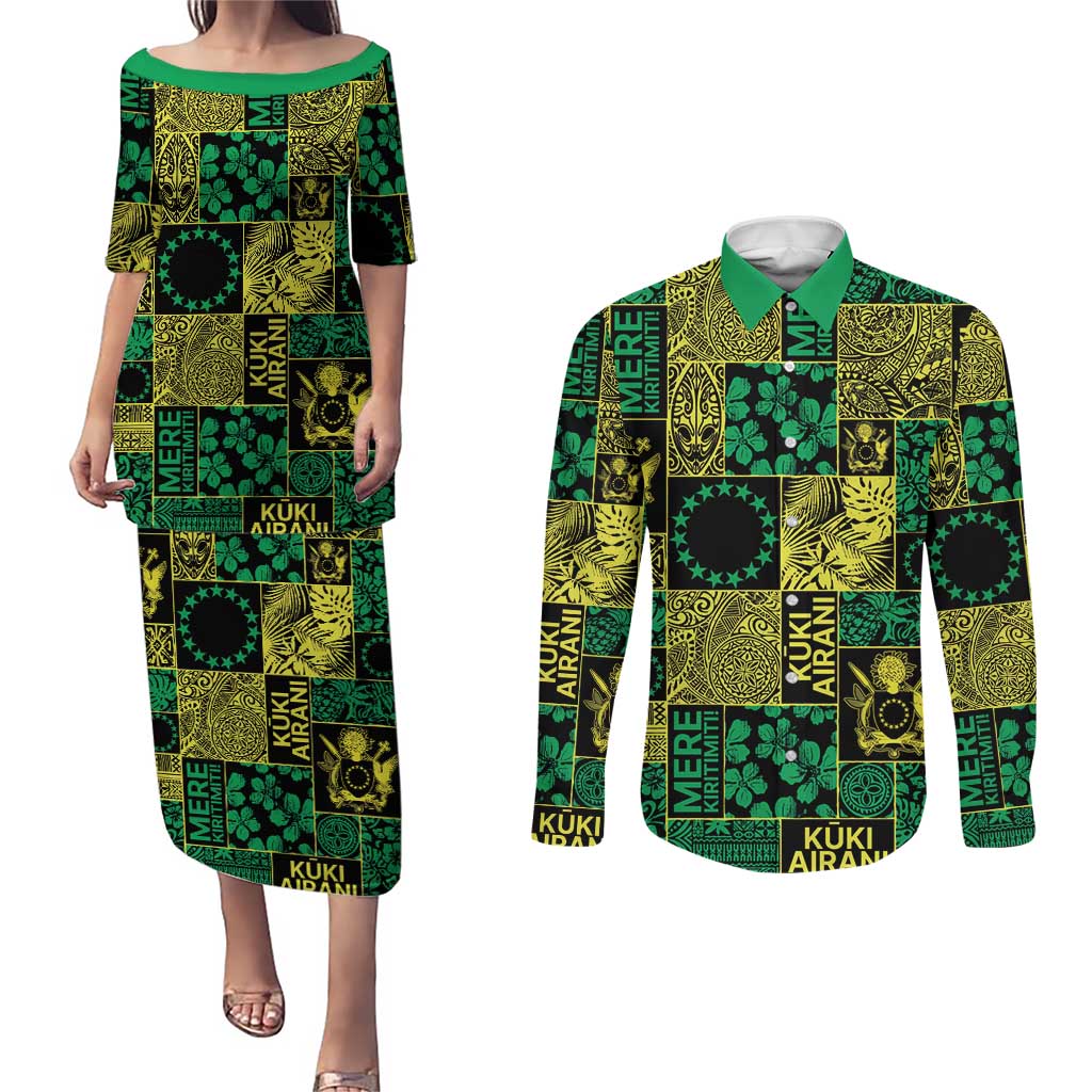 Cook Islands Mere Kiritimiti Couples Matching Puletasi and Long Sleeve Button Shirt Pacific Patchwork Xmas Vibes LT9 Green - Polynesian Pride