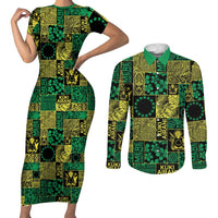 Cook Islands Mere Kiritimiti Couples Matching Short Sleeve Bodycon Dress and Long Sleeve Button Shirt Pacific Patchwork Xmas Vibes - Polynesian Pride