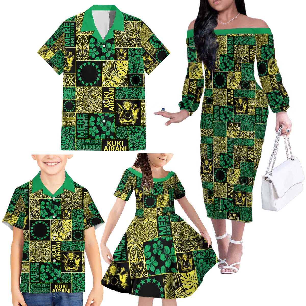 Cook Islands Mere Kiritimiti Family Matching Off The Shoulder Long Sleeve Dress and Hawaiian Shirt Pacific Patchwork Xmas Vibes - Polynesian Pride