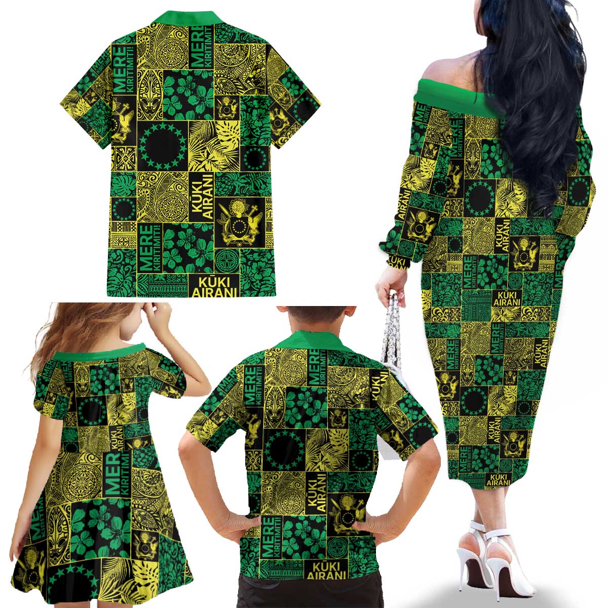 Cook Islands Mere Kiritimiti Family Matching Off The Shoulder Long Sleeve Dress and Hawaiian Shirt Pacific Patchwork Xmas Vibes - Polynesian Pride