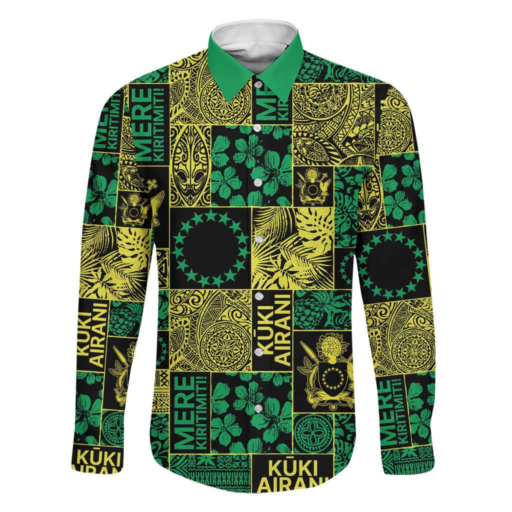 Cook Islands Mere Kiritimiti Family Matching Puletasi and Hawaiian Shirt Pacific Patchwork Xmas Vibes LT9 Dad's Shirt - Long Sleeve Green - Polynesian Pride