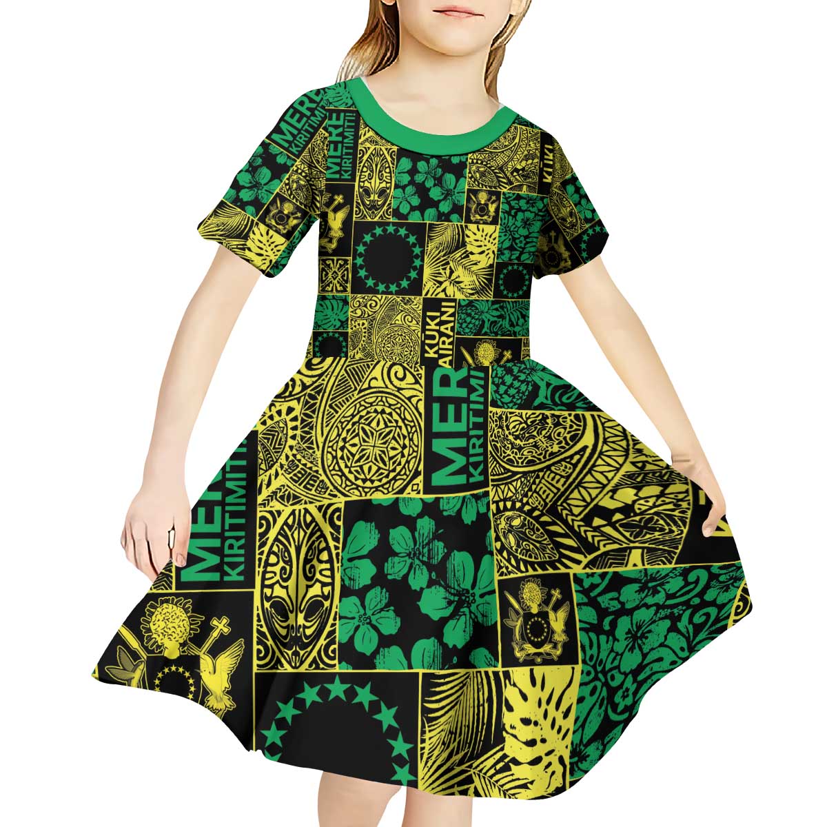Cook Islands Mere Kiritimiti Kid Short Sleeve Dress Pacific Patchwork Xmas Vibes - Polynesian Pride