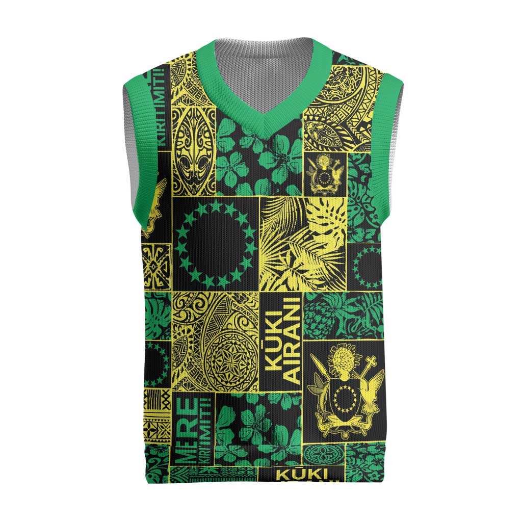 Cook Islands Mere Kiritimiti Christmas Knitted V-Neck Vest Pacific Patchwork Xmas Vibes LT9 Green - Polynesian Pride