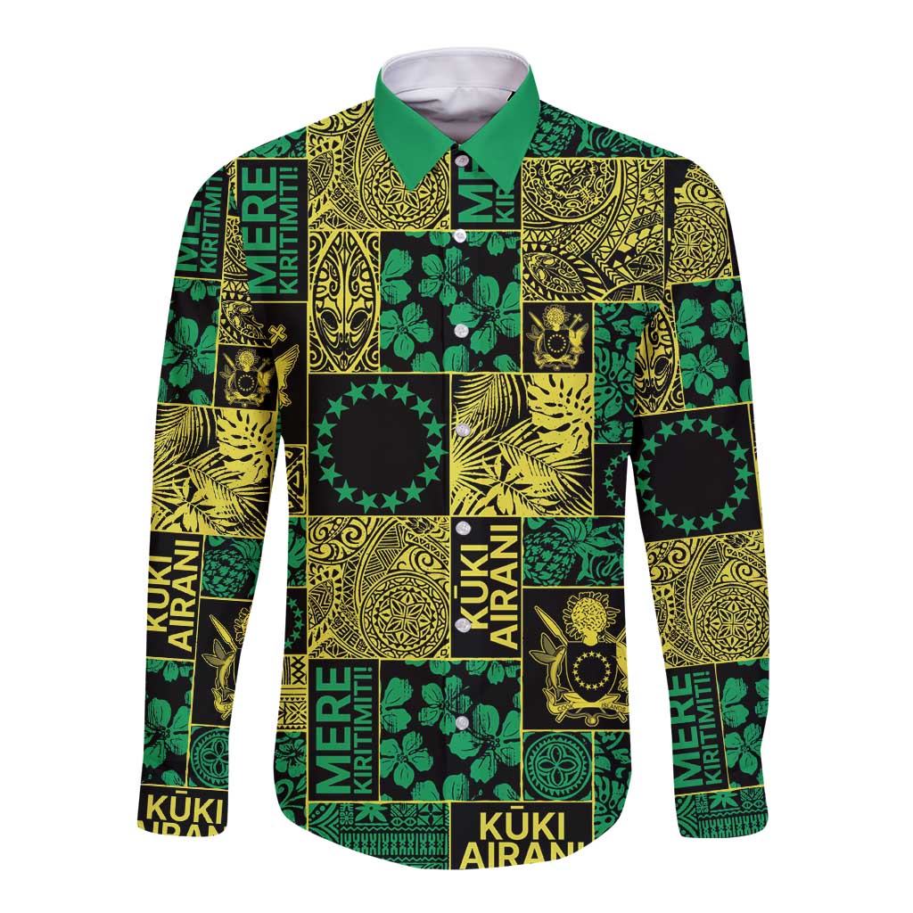 Cook Islands Mere Kiritimiti Long Sleeve Button Shirt Pacific Patchwork Xmas Vibes LT9 Unisex Green - Polynesian Pride
