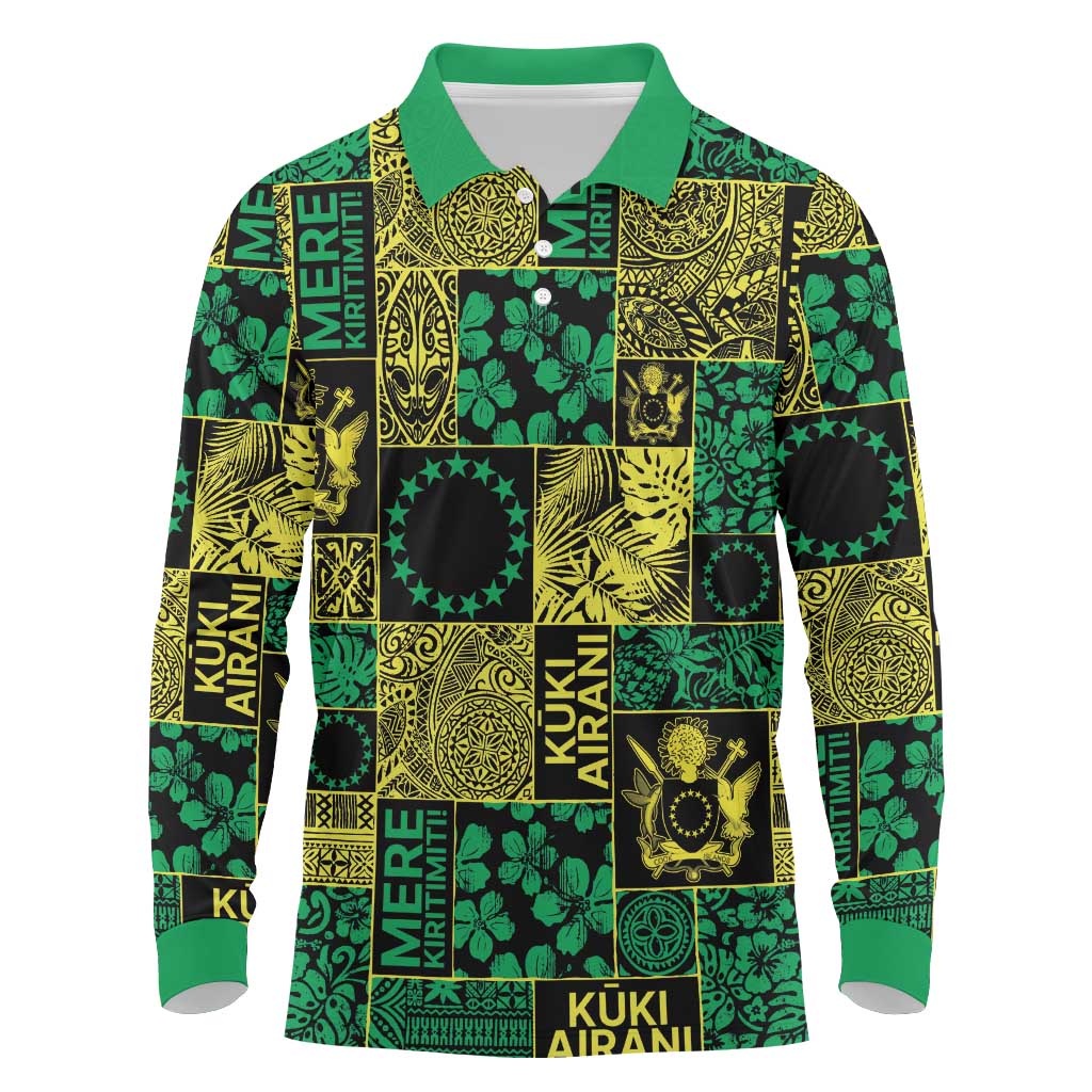 Cook Islands Mere Kiritimiti Long Sleeve Polo Shirt Pacific Patchwork Xmas Vibes LT9 Green - Polynesian Pride