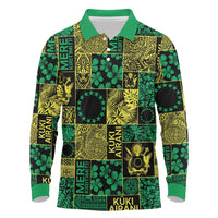 Cook Islands Mere Kiritimiti Long Sleeve Polo Shirt Pacific Patchwork Xmas Vibes LT9 Green - Polynesian Pride