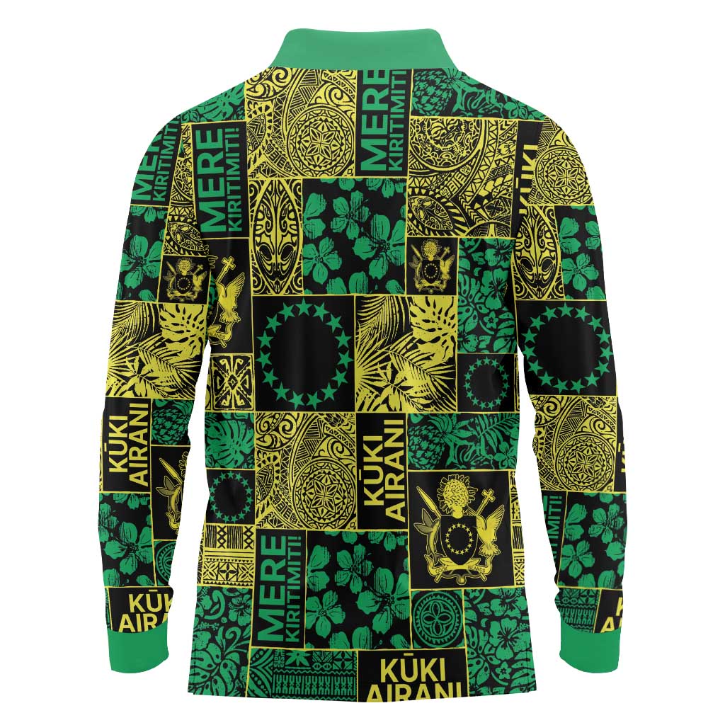 Cook Islands Mere Kiritimiti Long Sleeve Polo Shirt Pacific Patchwork Xmas Vibes LT9 - Polynesian Pride