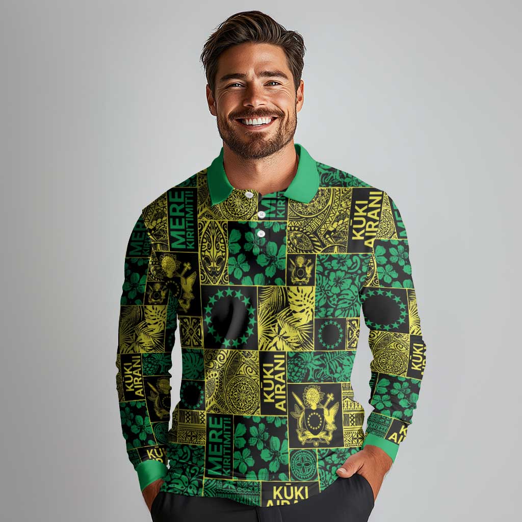 Cook Islands Mere Kiritimiti Long Sleeve Polo Shirt Pacific Patchwork Xmas Vibes LT9 - Polynesian Pride