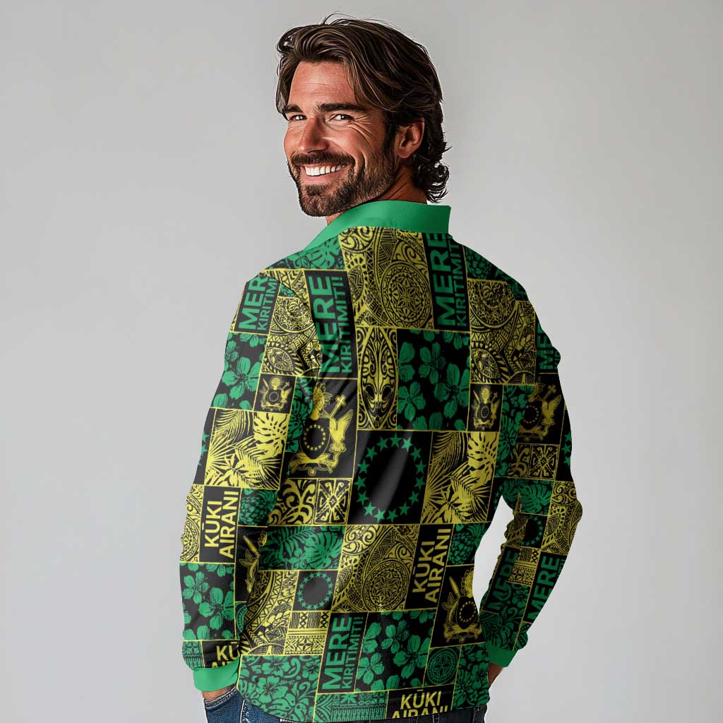 Cook Islands Mere Kiritimiti Long Sleeve Polo Shirt Pacific Patchwork Xmas Vibes LT9 - Polynesian Pride