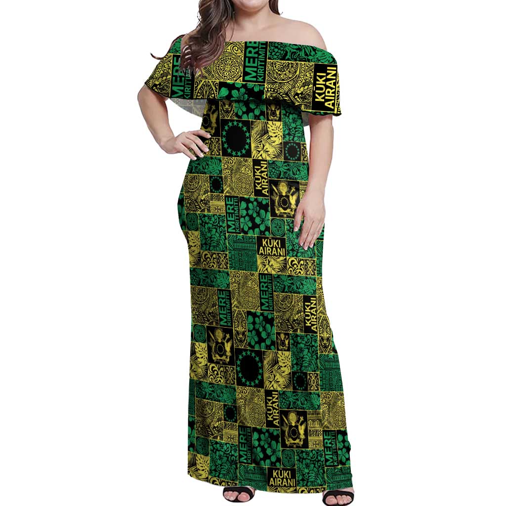 Cook Islands Mere Kiritimiti Off Shoulder Maxi Dress Pacific Patchwork Xmas Vibes LT9 Women Green - Polynesian Pride