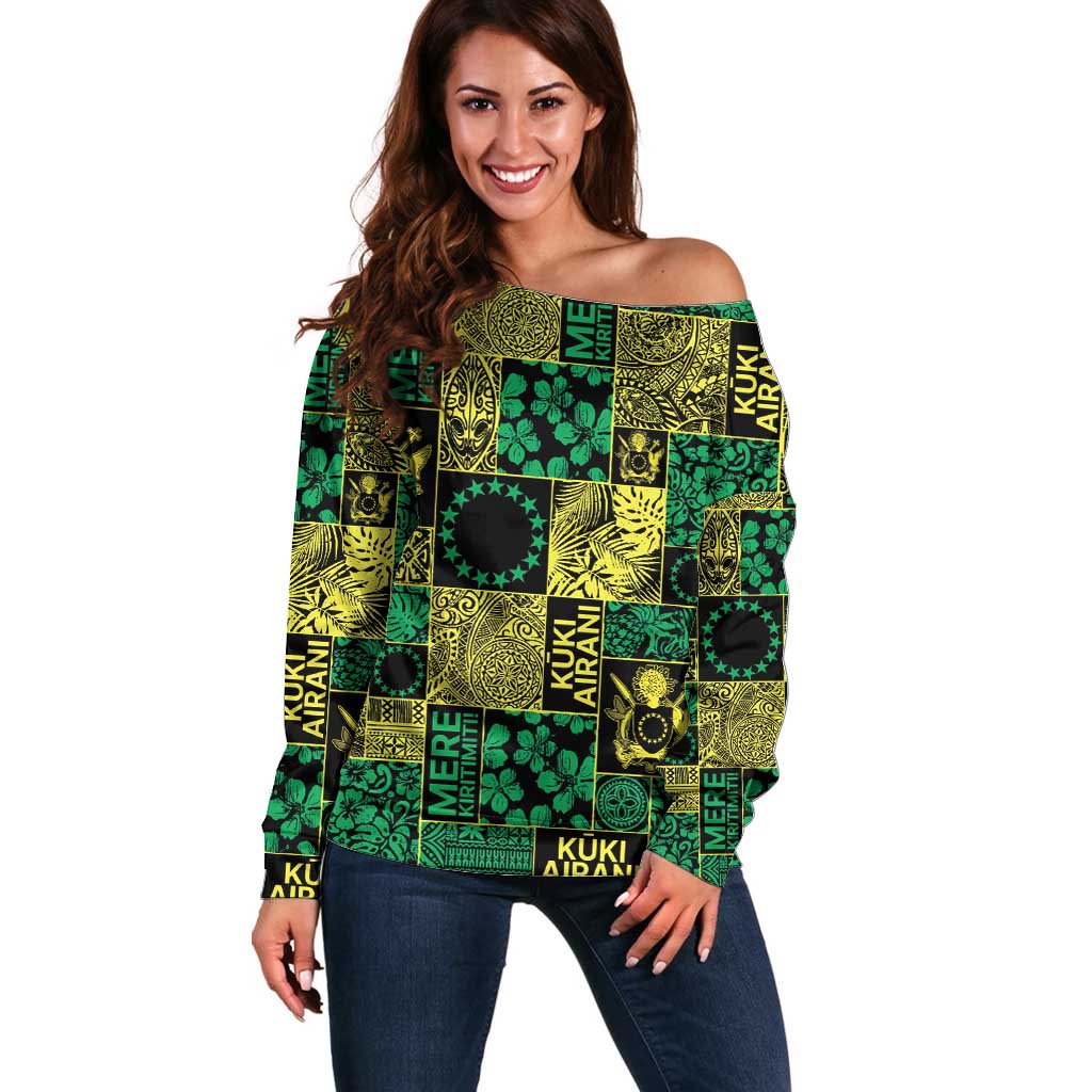 Cook Islands Mere Kiritimiti Off Shoulder Sweater Pacific Patchwork Xmas Vibes - Polynesian Pride