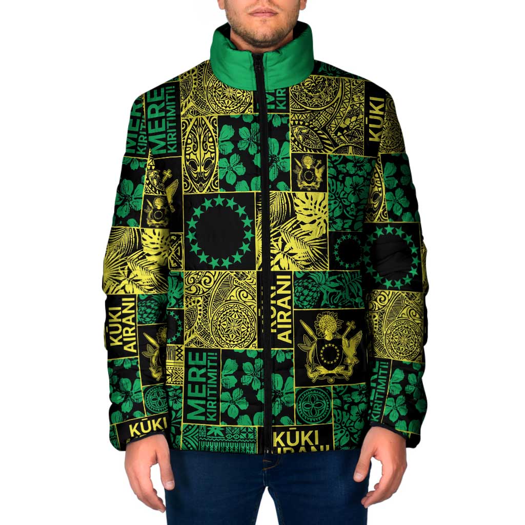 Cook Islands Mere Kiritimiti Padded Jacket Pacific Patchwork Xmas Vibes LT9 Men Green - Polynesian Pride