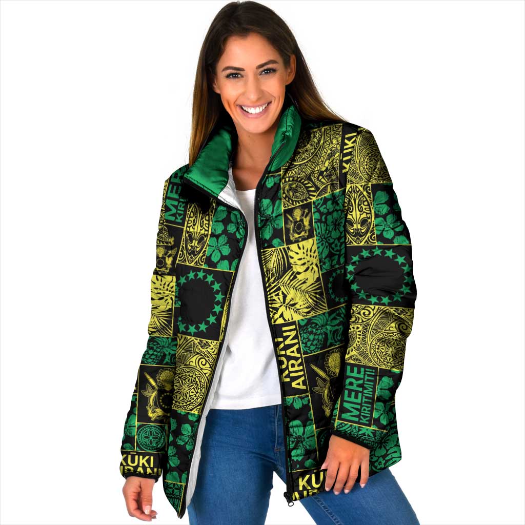 Cook Islands Mere Kiritimiti Padded Jacket Pacific Patchwork Xmas Vibes LT9 Women Green - Polynesian Pride