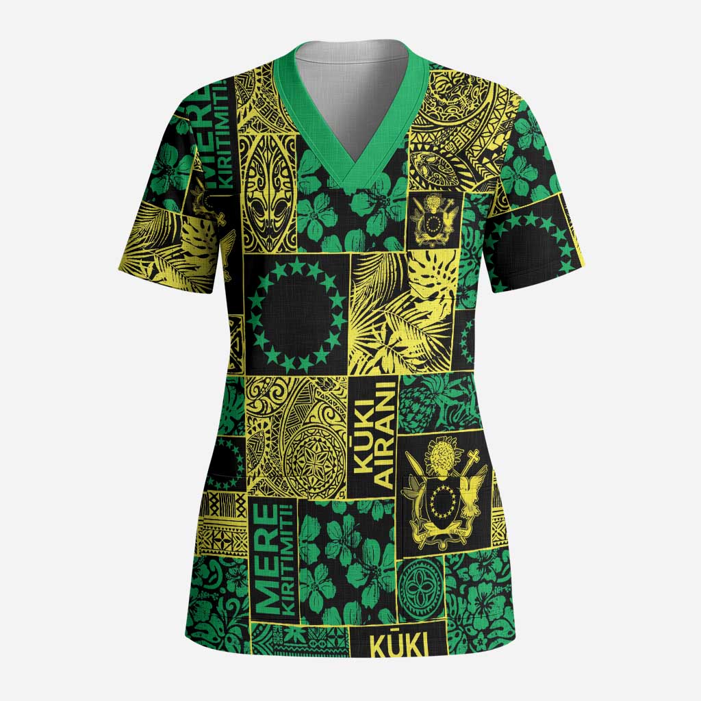 Cook Islands Mere Kiritimiti Scrub Top Pacific Patchwork Xmas Vibes LT9 Adult Green - Polynesian Pride
