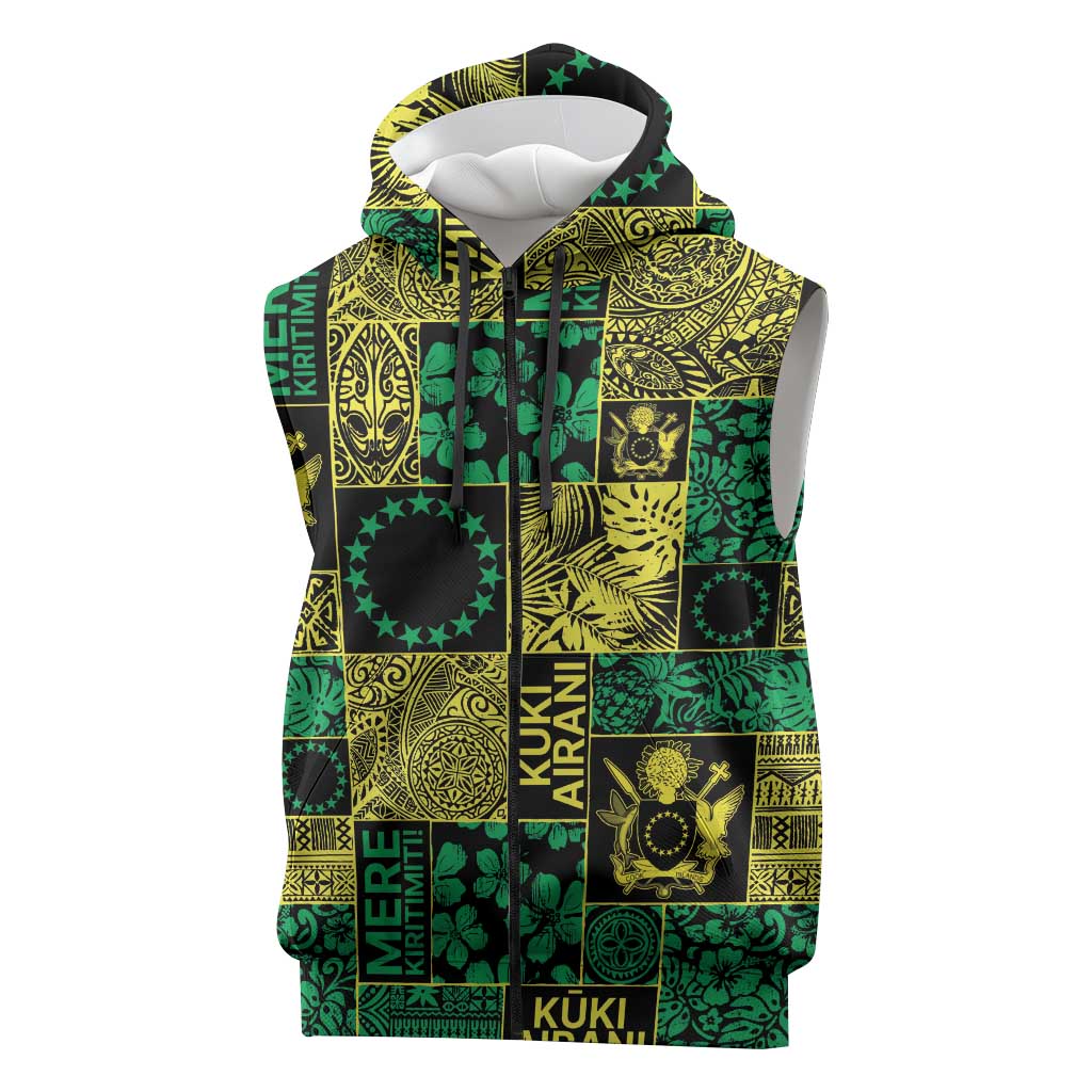 Cook Islands Mere Kiritimiti Sleeveless Zip Hoodie Pacific Patchwork Xmas Vibes LT9 Green - Polynesian Pride