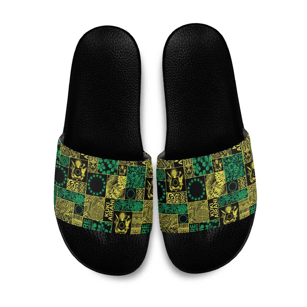 Cook Islands Mere Kiritimiti Slide Sandals Pacific Patchwork Xmas Vibes LT9 Green - Polynesian Pride