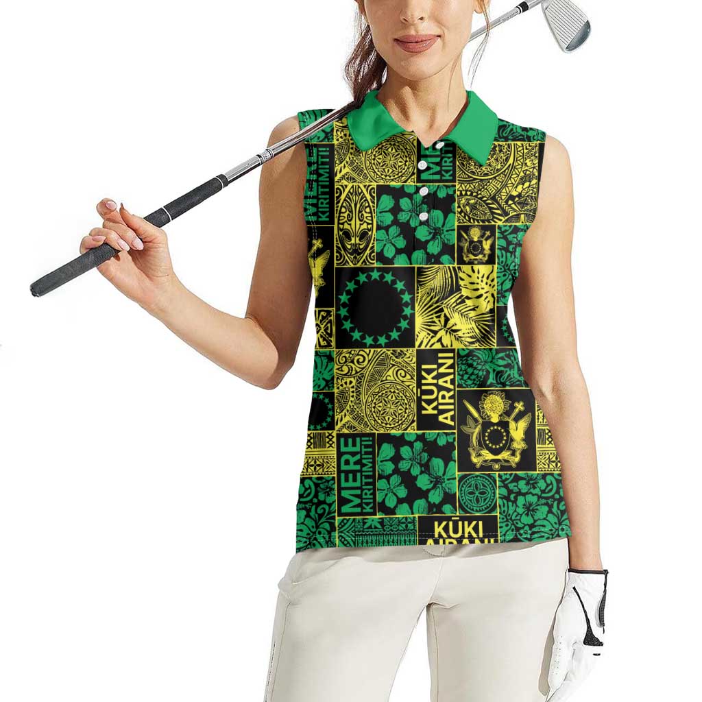 Cook Islands Mere Kiritimiti Women Sleeveless Polo Shirt Pacific Patchwork Xmas Vibes - Polynesian Pride