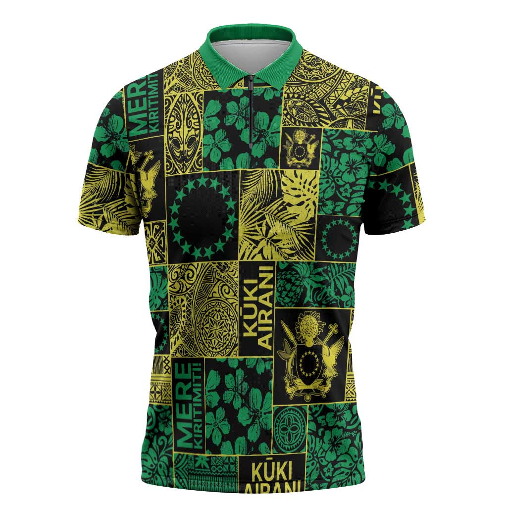 Cook Islands Mere Kiritimiti Zipper Polo Shirt Pacific Patchwork Xmas Vibes LT9 Green - Polynesian Pride