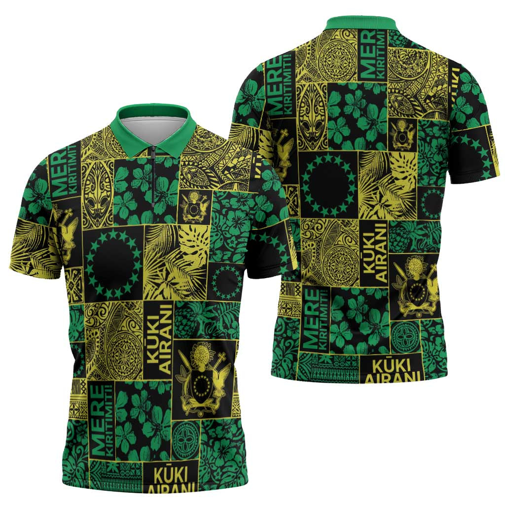 Cook Islands Mere Kiritimiti Zipper Polo Shirt Pacific Patchwork Xmas Vibes LT9 - Polynesian Pride
