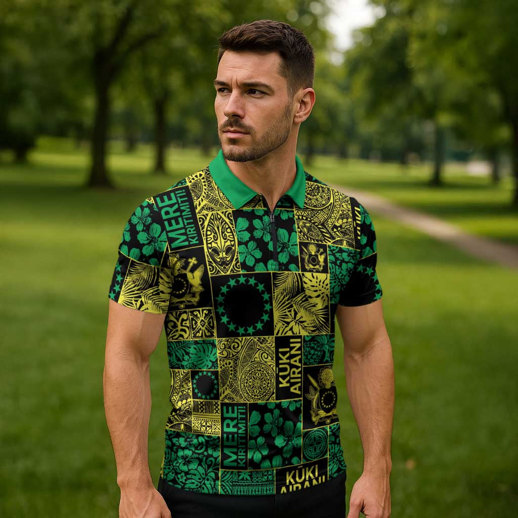 Cook Islands Mere Kiritimiti Zipper Polo Shirt Pacific Patchwork Xmas Vibes LT9 - Polynesian Pride