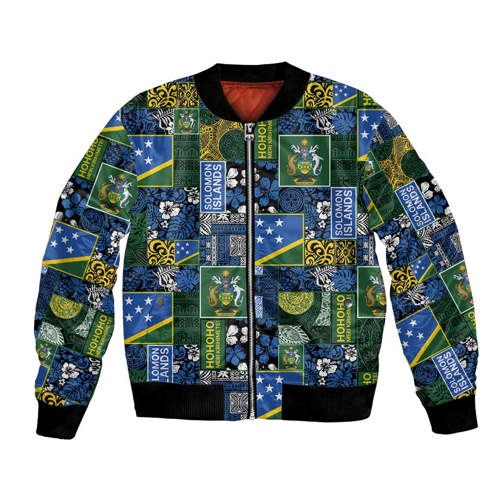 Solomon Islands Meri Kirihimete Bomber Jacket Pacific Patchwork Xmas Vibes LT9 Unisex Blue - Polynesian Pride