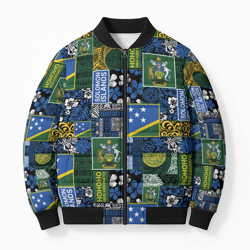 Solomon Islands Meri Kirihimete Bomber Puffer Jacket Pacific Patchwork Xmas Vibes LT9 Unisex Blue - Polynesian Pride