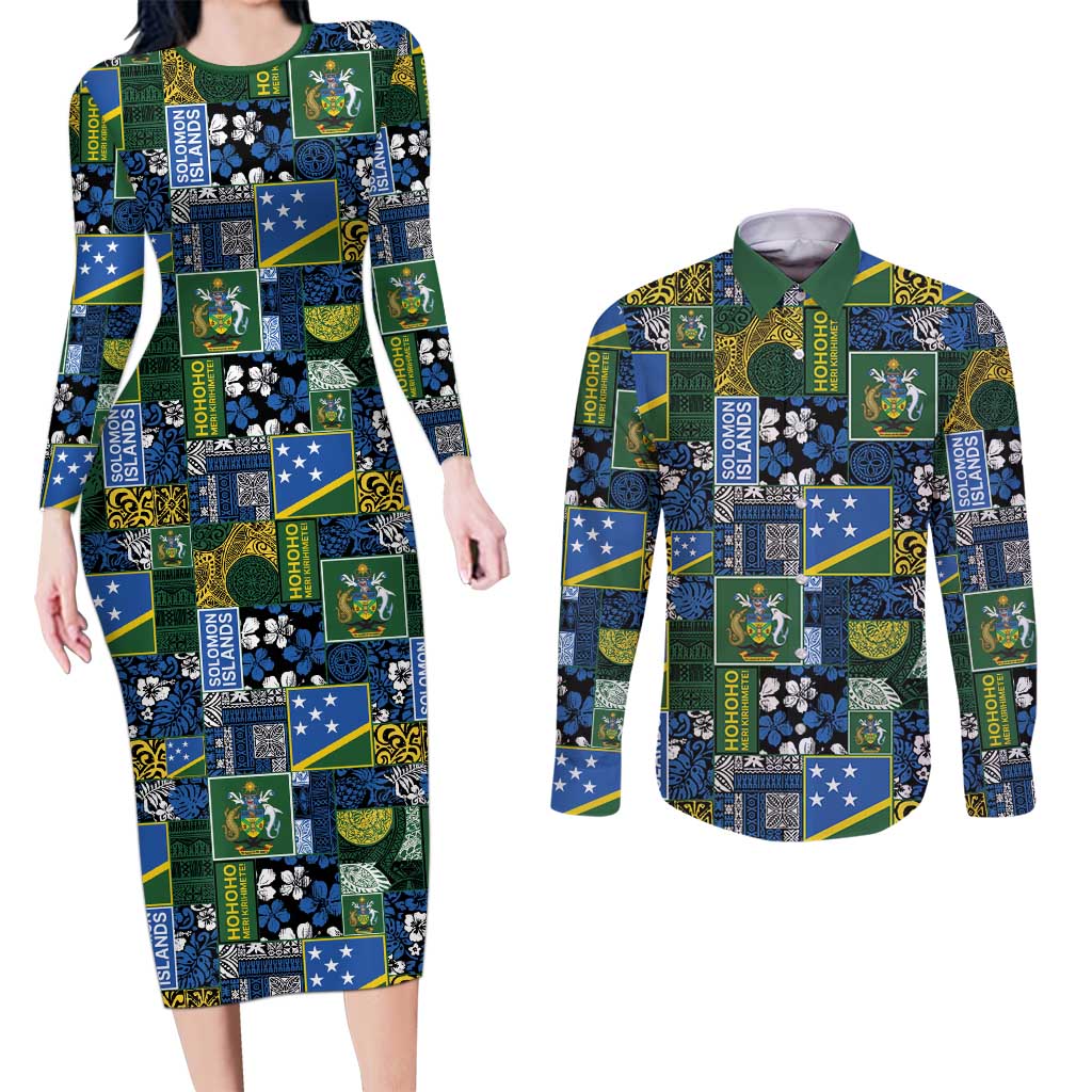 Solomon Islands Meri Kirihimete Couples Matching Long Sleeve Bodycon Dress and Long Sleeve Button Shirt Pacific Patchwork Xmas Vibes LT9 Blue - Polynesian Pride