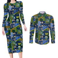 Solomon Islands Meri Kirihimete Couples Matching Long Sleeve Bodycon Dress and Long Sleeve Button Shirt Pacific Patchwork Xmas Vibes LT9 Blue - Polynesian Pride