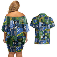 Solomon Islands Meri Kirihimete Couples Matching Off Shoulder Short Dress and Hawaiian Shirt Pacific Patchwork Xmas Vibes - Polynesian Pride