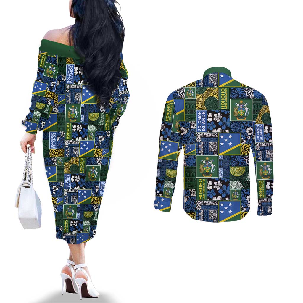 Solomon Islands Meri Kirihimete Couples Matching Off The Shoulder Long Sleeve Dress and Long Sleeve Button Shirt Pacific Patchwork Xmas Vibes LT9 - Polynesian Pride